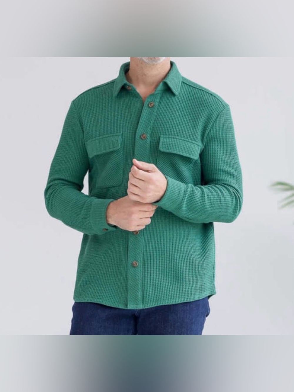 Men's Green Waffle-Knit Shirt Jacket - Lightweight Layer